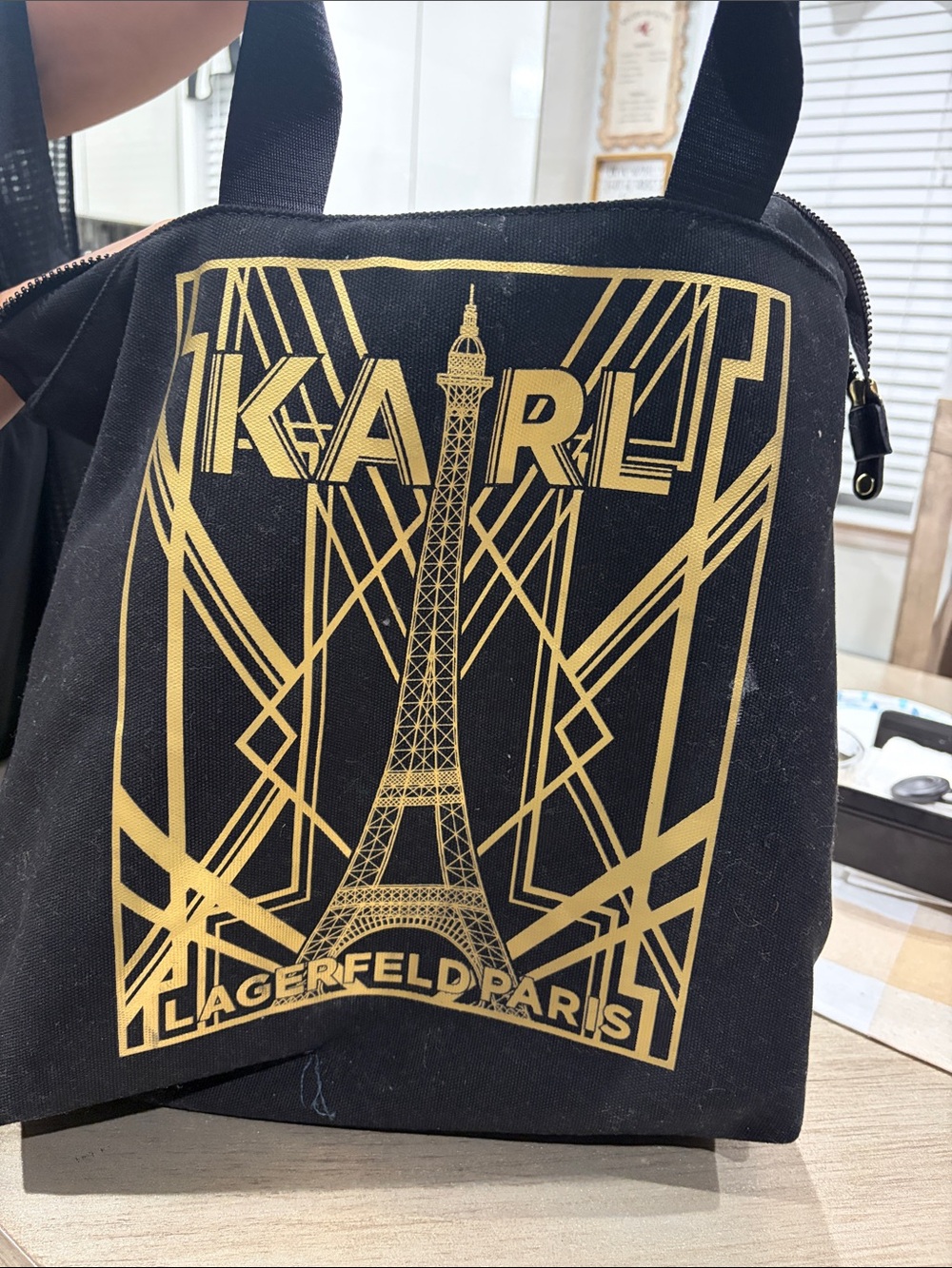 Karl Lagerfeld Black Tote with Gold Graphic Accent